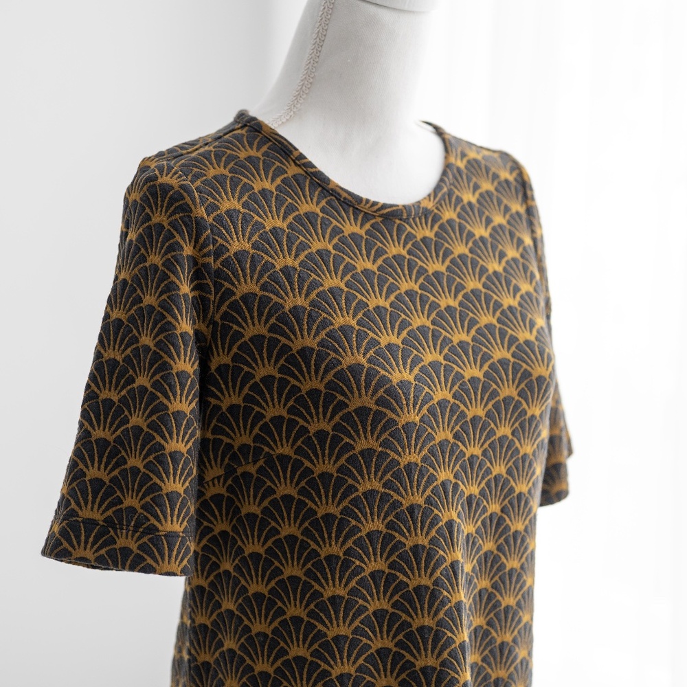 LOFT Ann Taylor Olive Green Fan Print Short Sleeve Knit Shift Dress
